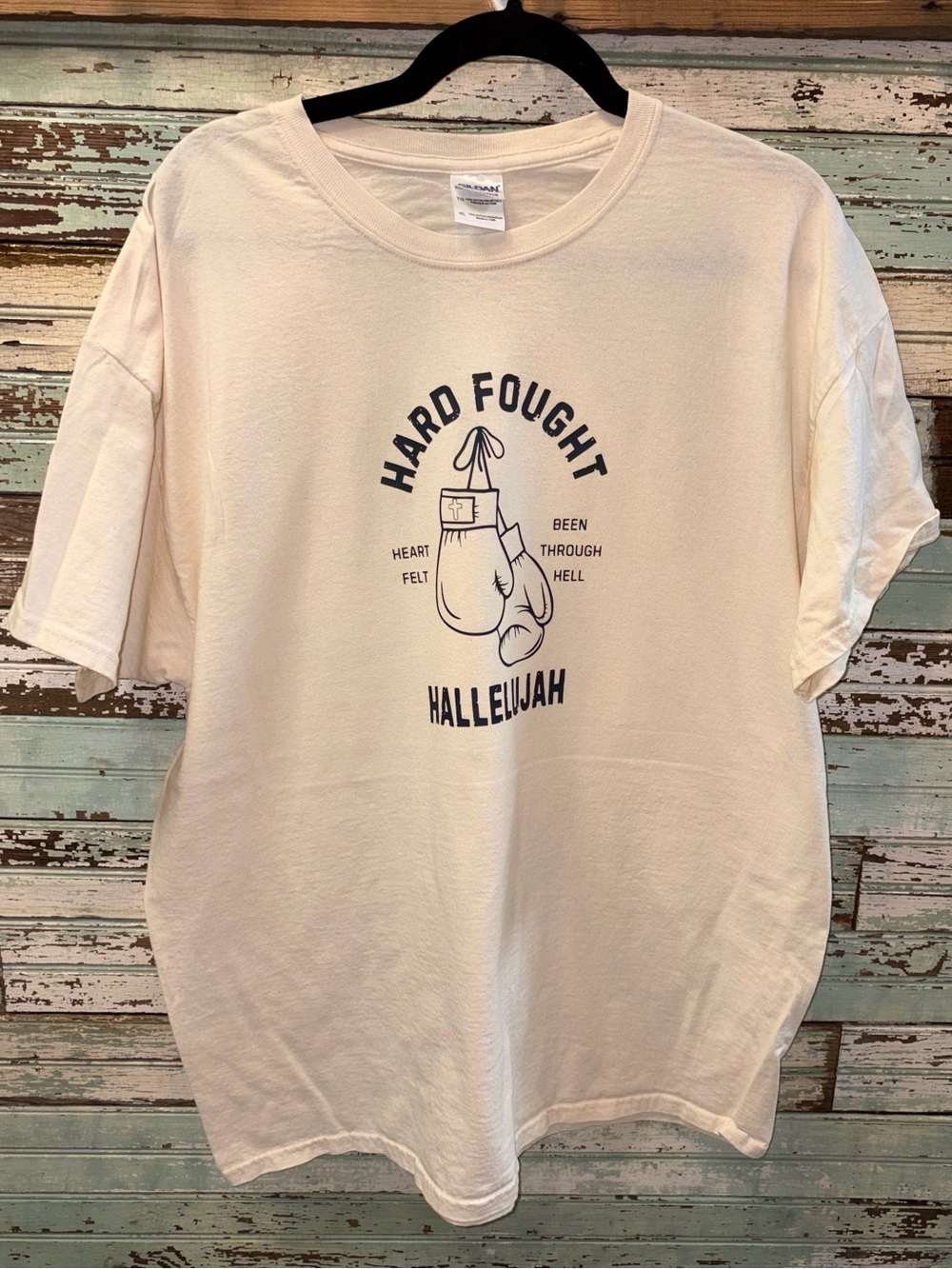 Gildan Cream Tee with Navy Boxing Glove Graphic